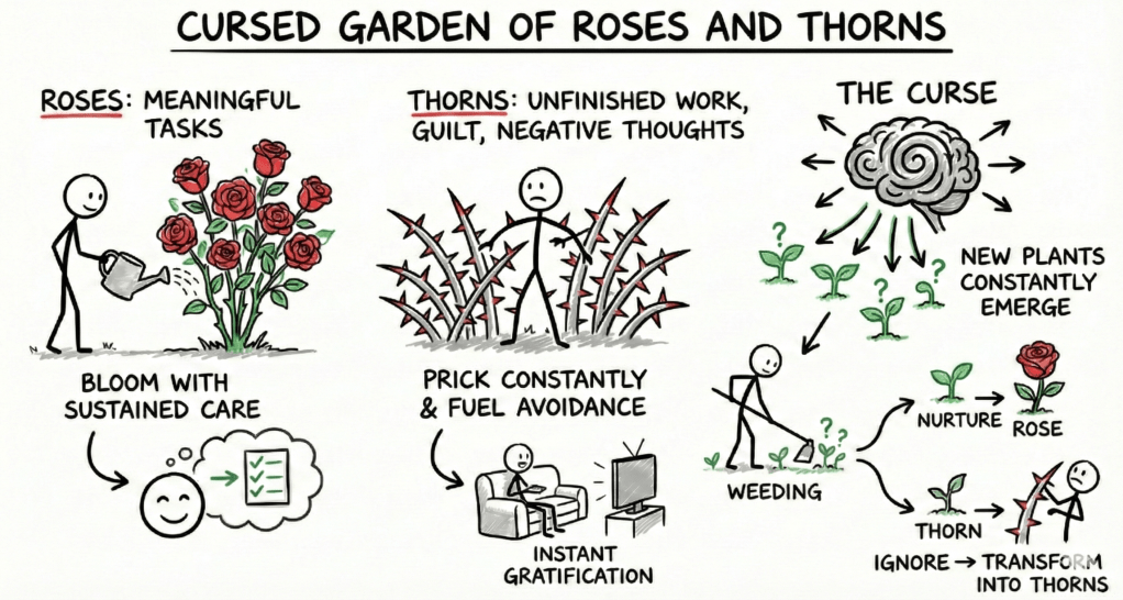 Explains the concept of brain as a garden of roses and thorns